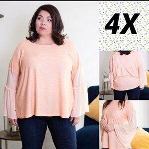 Plus Size Peach Long Sleeve Top With Sheer Bell Sleeves Casual Wear 4X-NEW